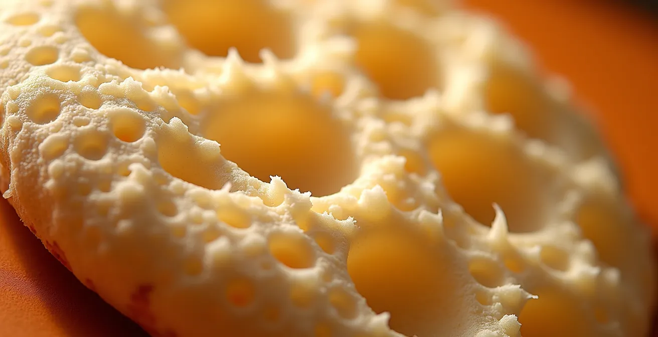 Détail macro des alvéoles dans une pâte à pizza fermentée