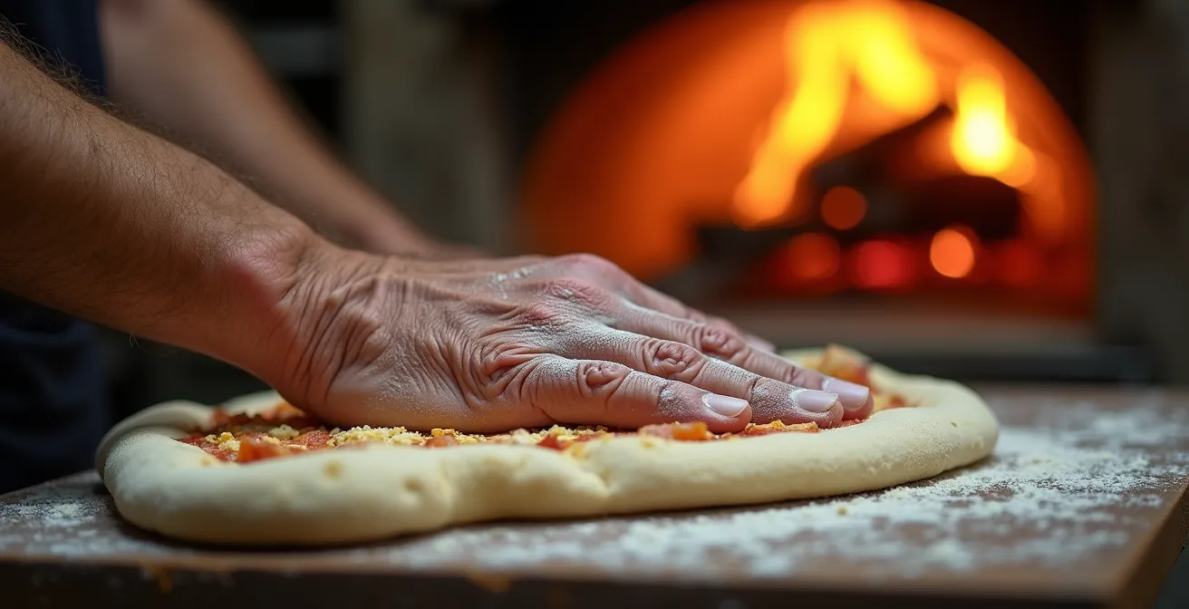 Mains d'un pizzaïolo étalant une pâte artisanale avec technique traditionnelle