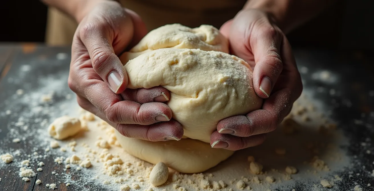 Gros plan sur les mains expertes pétrissant la pâte avec farine volante