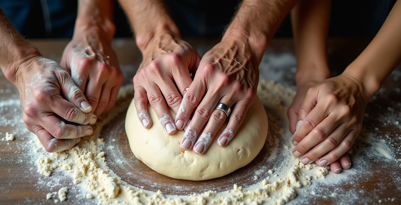Gros plan sur trois paires de mains d'âges différents pétrissant la pâte