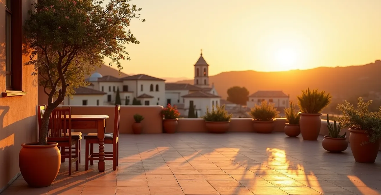 Vue large d'une terrasse de pizzeria méditerranéenne au coucher du soleil