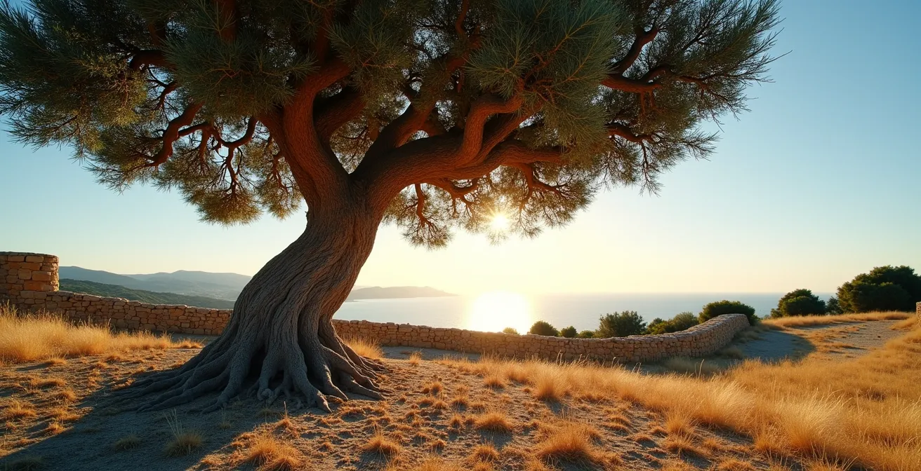 Olivier centenaire dans un champ du Salento avec mur de pierres sèches