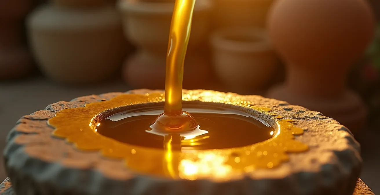 Olives fraîches du Salento et huile dorée coulant d'un pressoir traditionnel en pierre