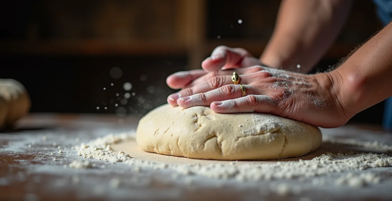 Mains expertes pétrissant une pâte à pizza avec de la farine volant dans l'air