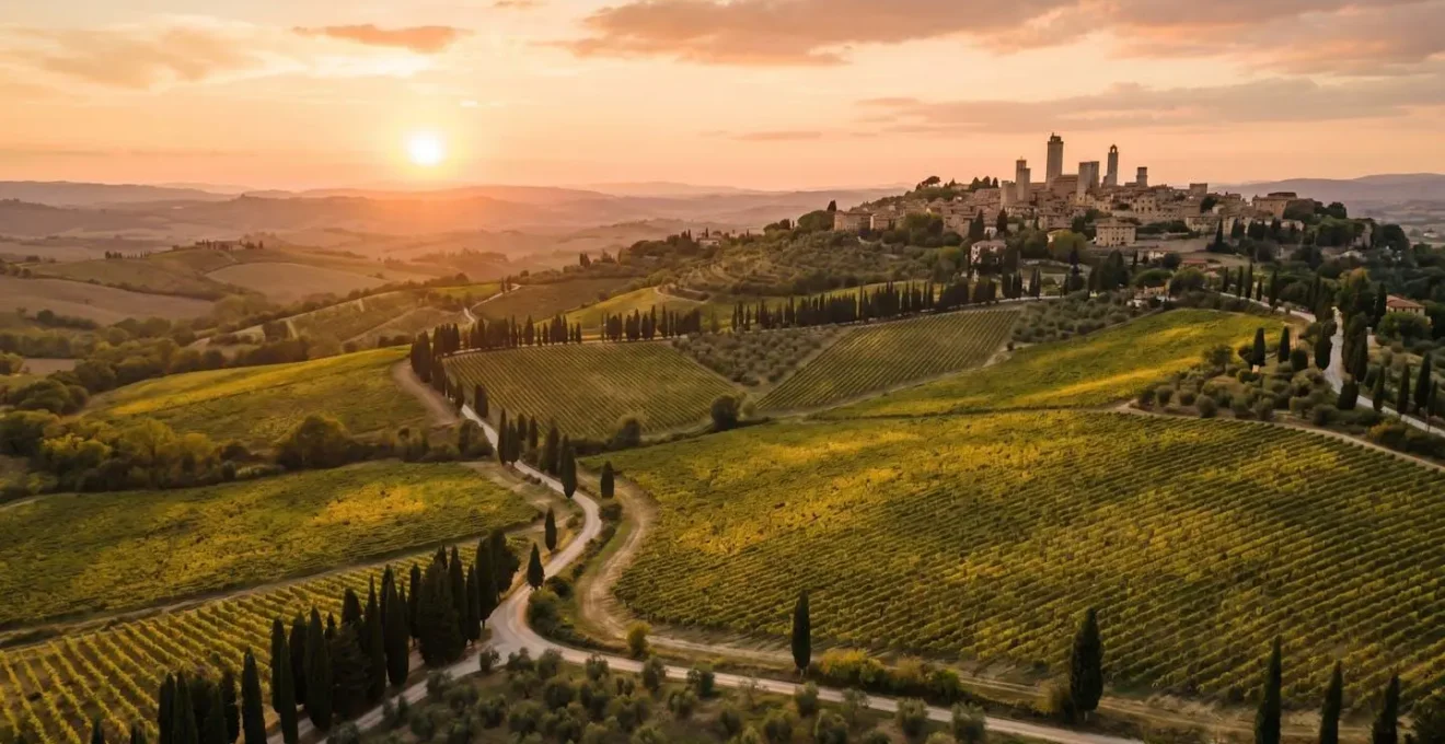Vue panoramique sur les collines toscanes avec vignobles dorés et village médieval perché en arrière-plan au coucher du soleil