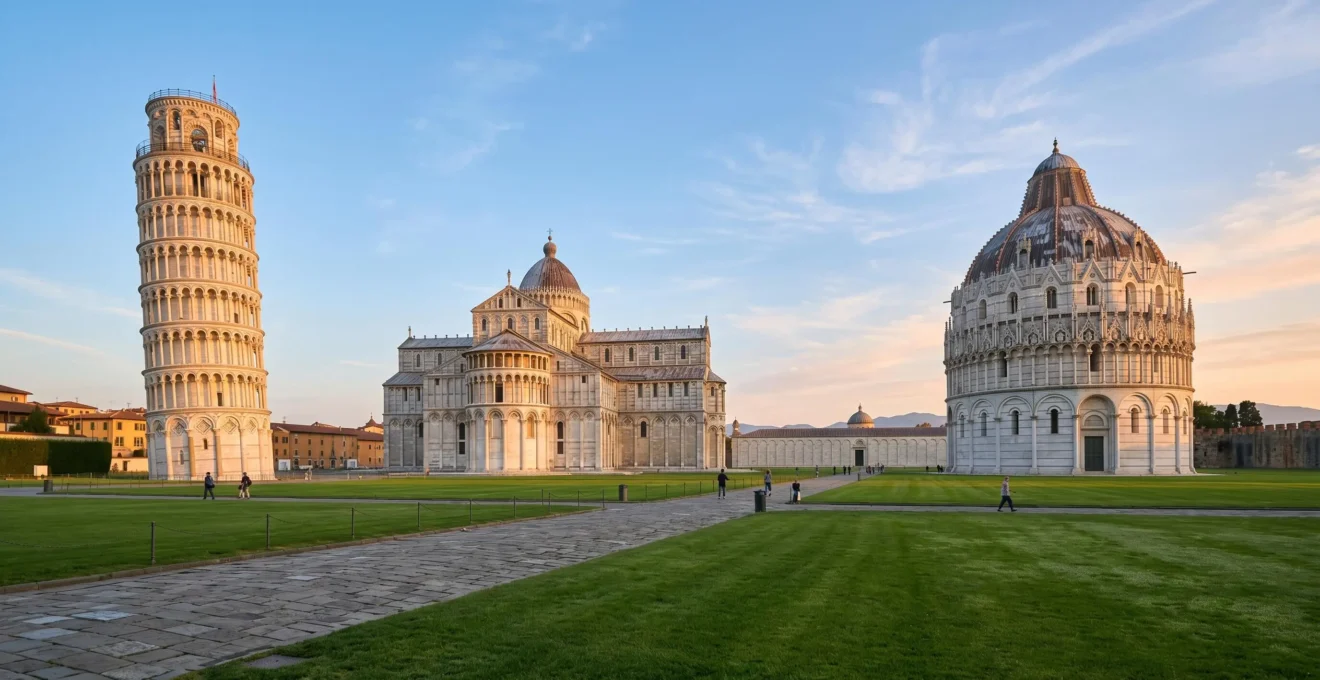 La Piazza dei Miracoli à Pise avec la Tour penchée, le Baptistère et la Cathédrale baignés dans la lumière matinale, peu de touristes