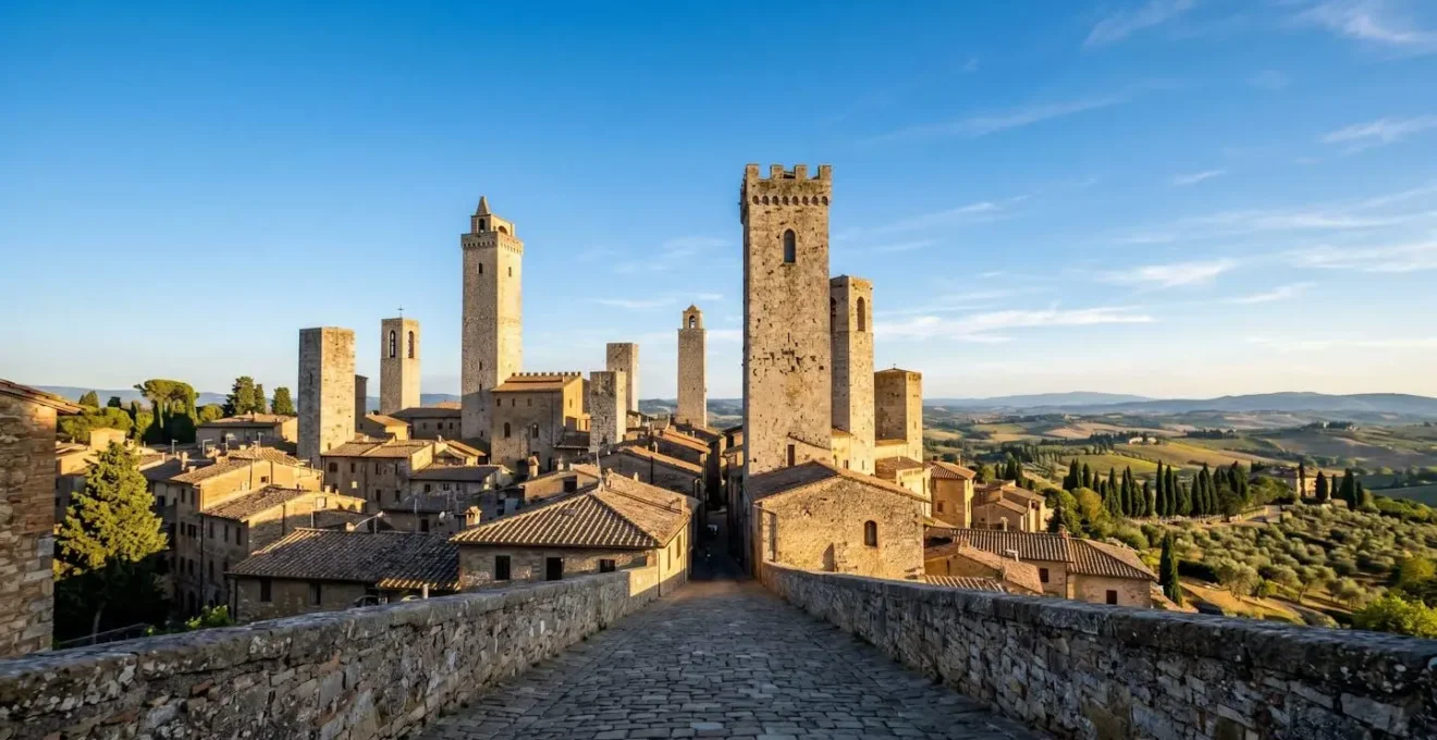 Les tours médiévales de San Gimignano se découpant sur un ciel bleu avec les collines toscanes en contrebas